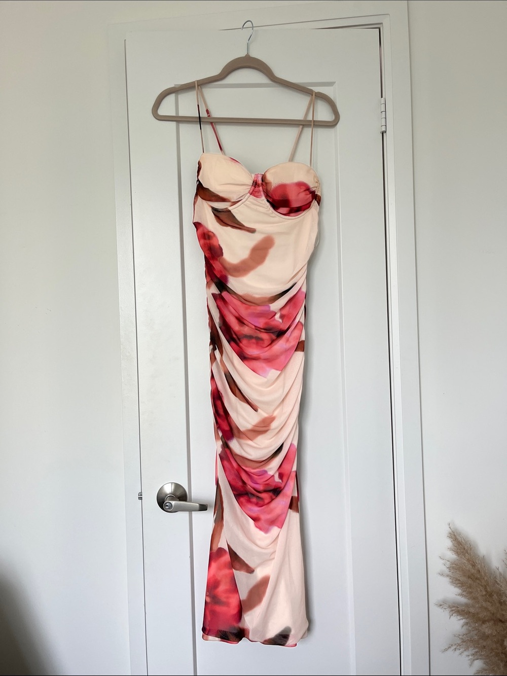 Dynamite Strapless Ruched Floral Slip Dress in Blush, Pink and Red